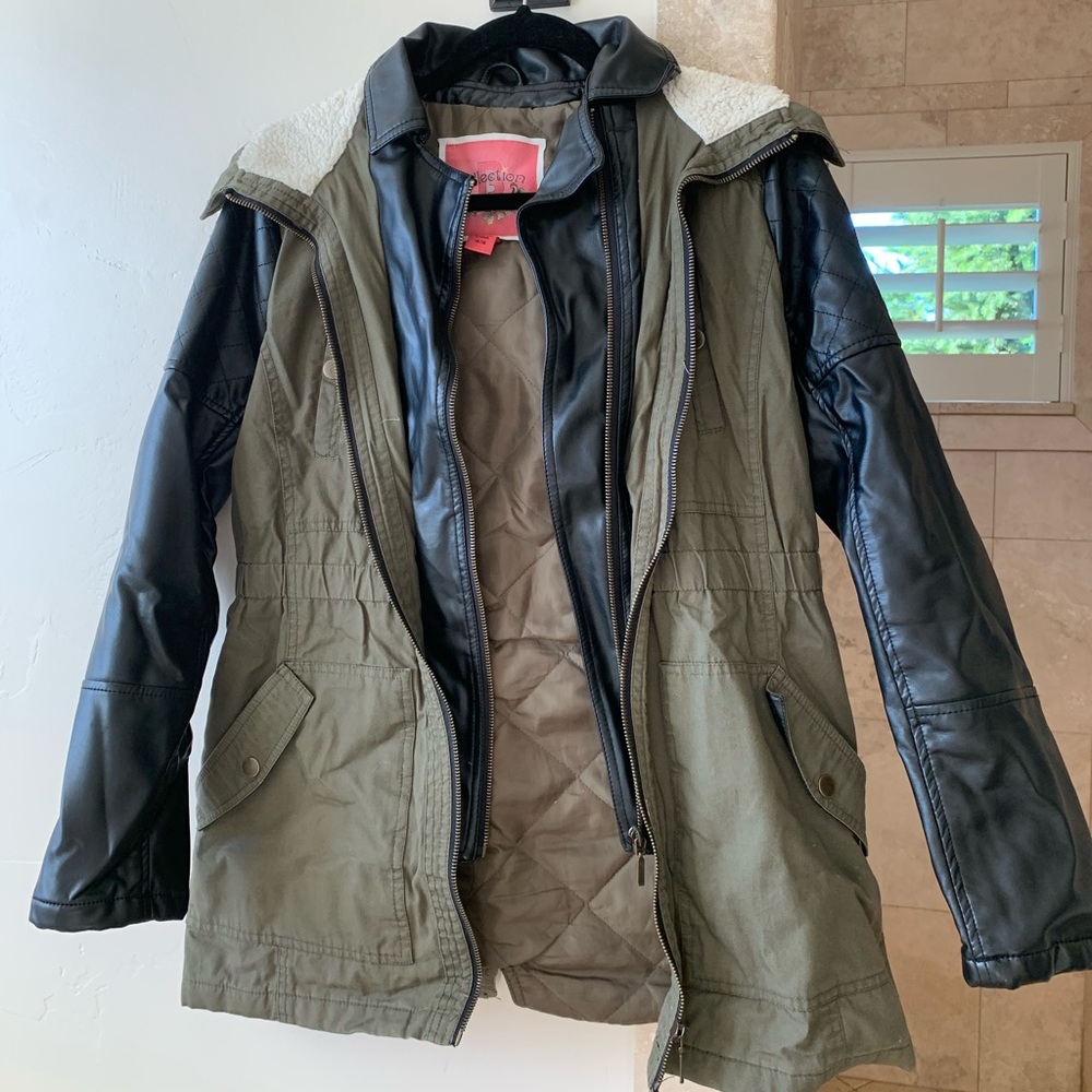 Army Green Black Leather Jacket with Fleece Lining